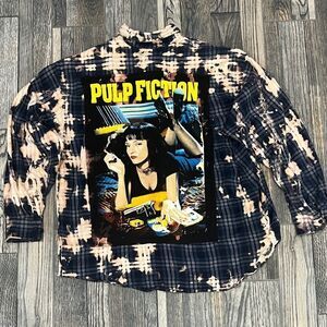 🔥 PULP FICTION Movie Distressed Custom Bleach Dyed Plaid Flannel Shirt Unisex X
